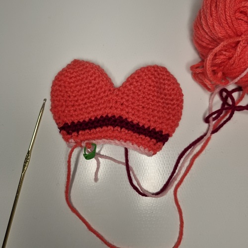 crochet heart after 2nd stripe