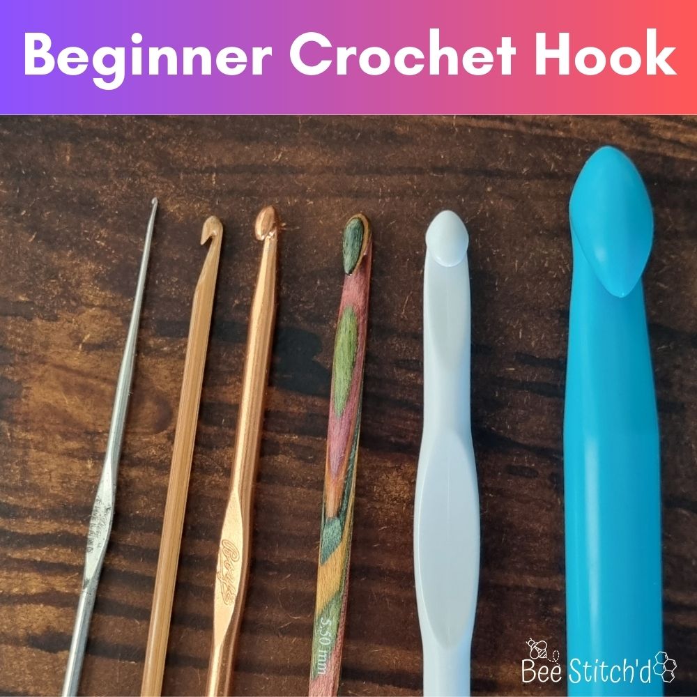 image says "best crochet hook for beginners" with an image of 6 different crochet hooks