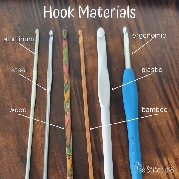 crochet hook materials, from left to right: aluminum, steel, wood, bamboo, plastic, ergonomic