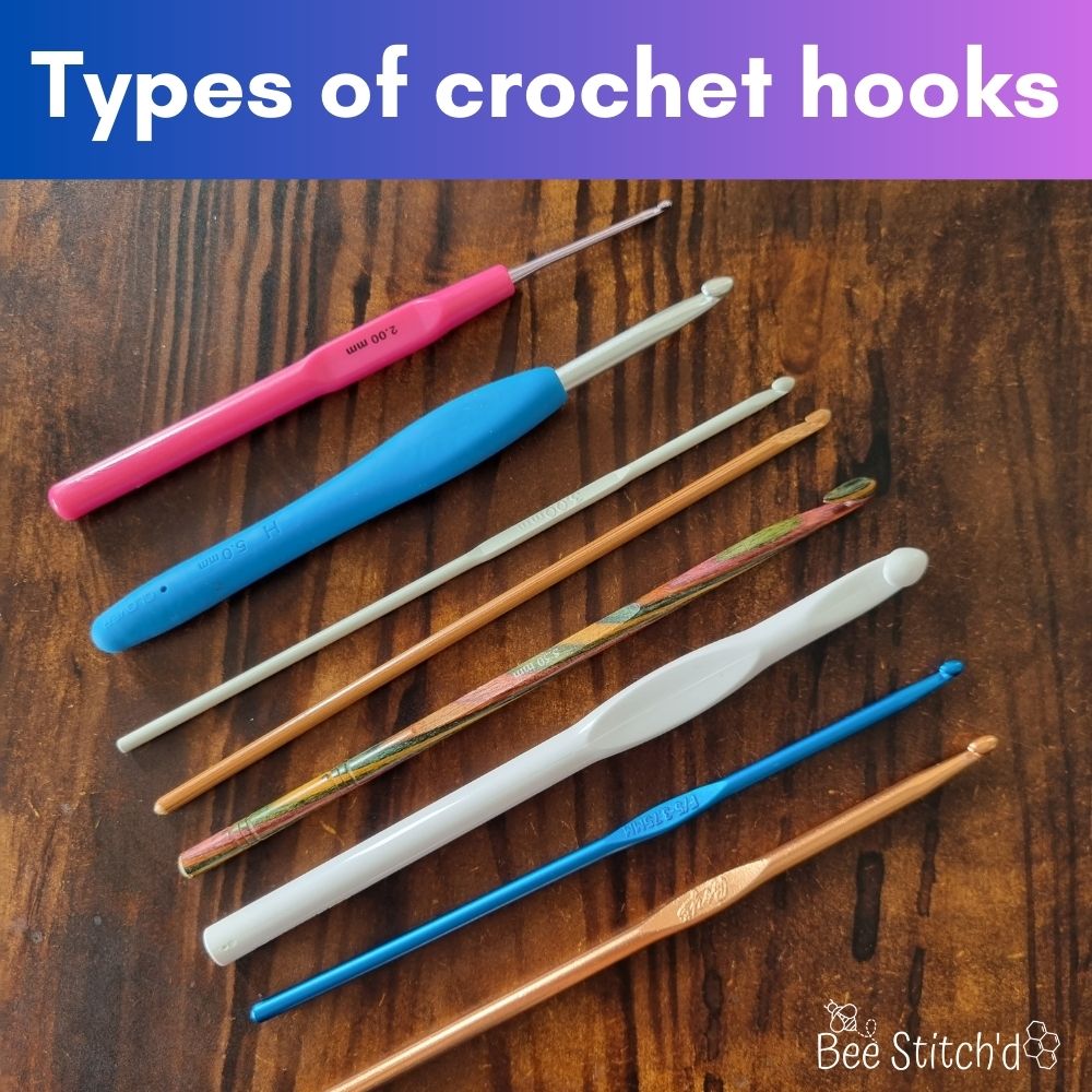 image says "types of crochet hooks" with different hooks on a wooden background