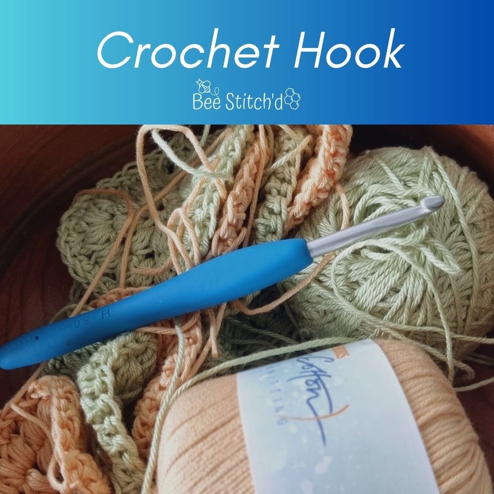 image says "crochet hook" with an image of a crochet hook on top of yarn